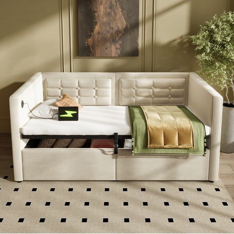 Canapé-lit 90x200 cm capitonné en velours beige avec rangement hydraulique et charge USB-C (1/5)