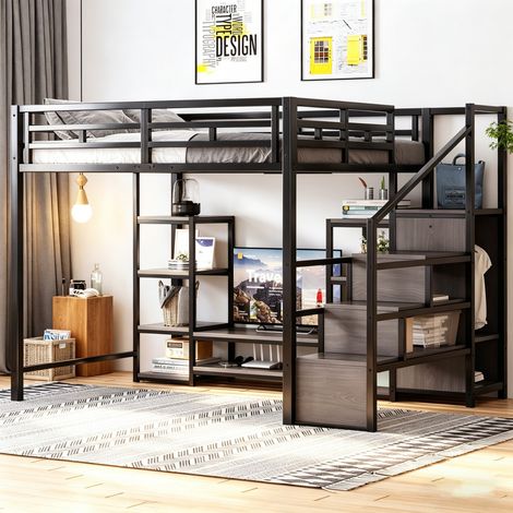 Lit mezzanine 140x200 noir, meuble TV, prise échelle sécurité, métal bois, rangements gain de place (sans Matelas) (1/5)