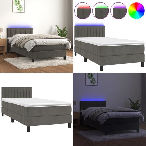 Cama box spring colchón y LED terciopelo gris oscuro 100x200 cm - Colchón con LED - Cama box spring