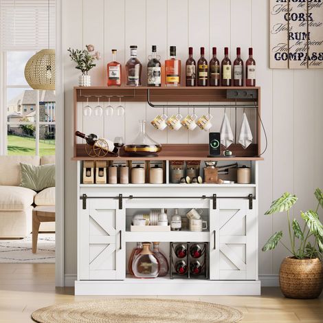 Buffet 120 cm style campagne avec prises usb et ac, portes coulissantes et porte-verres pour cuisine ou salon (1/5)