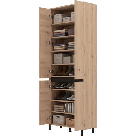 Zapatero Peligni, mueble zapatero 9 estantes, 4 puertas, patas incluidas, 80x40x206h cm marrón roble nudoso