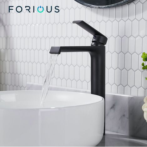 Mitigeur de lavabo haut – Robinet salle de bain en laiton sans plomb – Finition dépoli noir – Débit 9L/min – Installation monotrou