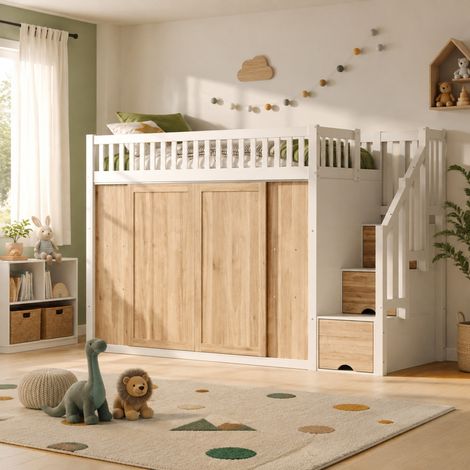 Cama infantil alta 90x200 cm con armario y escalera, blanco y roble HAVRYA (1/5)