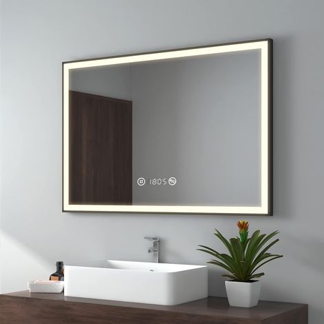 EMKE Specchio bagno con luce, 100 x 70 cm, luce neutra, specchio bagno LED con bordo nero, specchio bagno con interruttore touch, antiappannamento, orologio, display temperatura, dimmerabile (1/3)