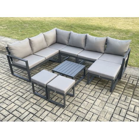 Fimous 9 Seater Outdoor Lounge Corner Sofa Set Aluminum Garden Furniture Sets with Square Coffee Table 3 Footstools Dark Grey (1/5)