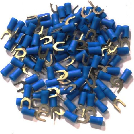 Terminales eléctricos azules de 5 pines tipo horquilla, paquete de 100 terminales.
