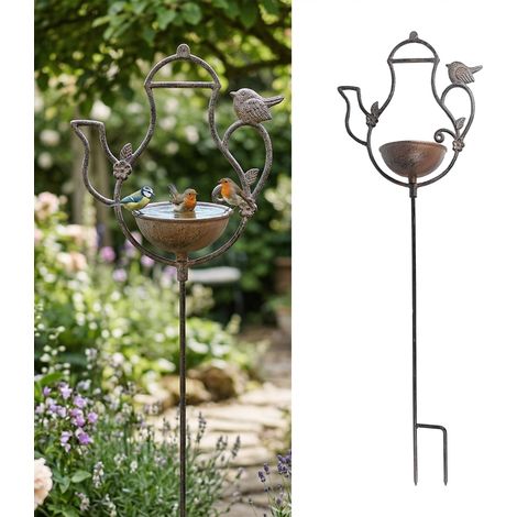 Relaxdays Vogeltränke Teekanne, HxBxT: 86 x 27 x 13 cm, Gusseisen, mit Erdspieß, Futter- & Wasserschale für Vögel, braun