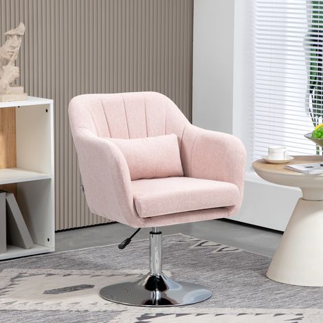 Fauteuil tournant 360° sur base métallique rose, avec support lombaire ajustable en hauteur pour salon
