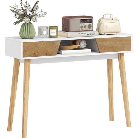 Console d'entrée avec 2 tiroirs, compartiment et pieds en bois, blanche, idéale pour un couloir, une entrée ou un salon. (1/5)