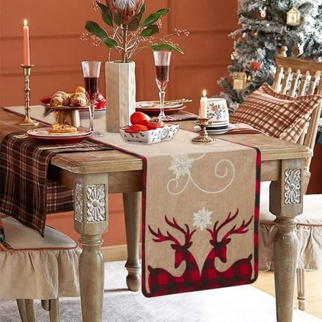 1 Chemin de Table,Coton et Lin,35.5x183cm,Motif Cerf,Rouge Noir Brun,Décoration Noël (1/4)
