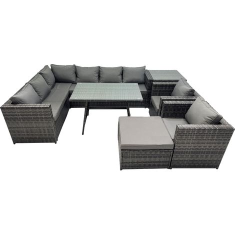 Fimous 9-seater Outdoor PE Rattan Sofa Set with Dining Table Patio Garden Furniture Sets with 2 Chair Big Stool Side Table Dark Grey Mixed (1/5)