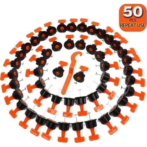 50 croisillons niveleur de carrelage avec clé spéciale, kit de nivellement de carrelage réutilisable pour la construction de sols (1/4)