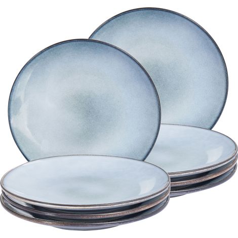 Conjunto de 8 platos llanos grandes de gres caolín para postres artesanal acabado esmalte reactivo azul claro Juniper