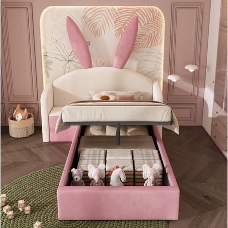 Lit enfant capitonné avec rangement hydraulique et chevet, velours beige et rose, 90x200 cm, tête de lit oreilles (1/5)