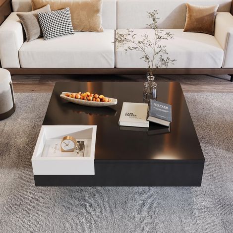 Mesa de centro cuadrada de diseño para salón - con compartimento extraíble y luz LED - 72 x 72 x 30 cm - Negro brillante y blanco (1/5)