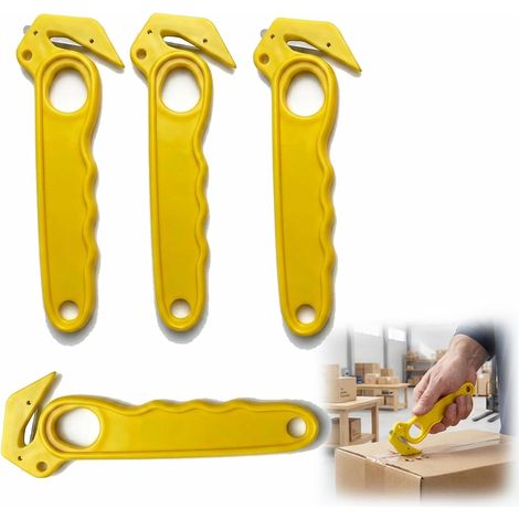 Lot de 4 Cutter Couteau Crochet, Cutter Jaunes Outil de Découpe Précision pour Carton, Film Bulle, Plastique, Entrepôt et Stock (1/5)