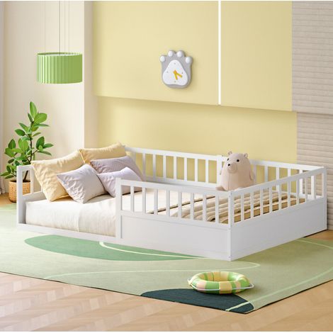 Letto per bambini 140x200 cm con sponde di sicurezza e rete a doghe, in legno, bianco, senza materasso (1/5)