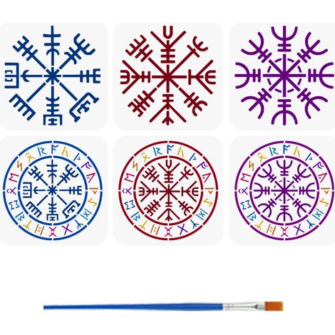 6Pcs Pochoir de Peinture de Symbole Viking Avec Un Pinceau 150x150mm Pochoirs Réutilisables en Plastique de 150x150mm pour Bricolage Peinture sur Murs Bois Meubles Tissus (1/5)