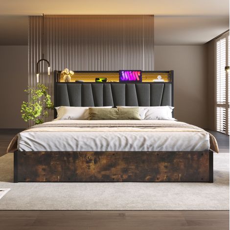 Bett 180x200 cm Grau aus Leinen mit LED-Kopfteil, USB und Lattenrost (1/5)