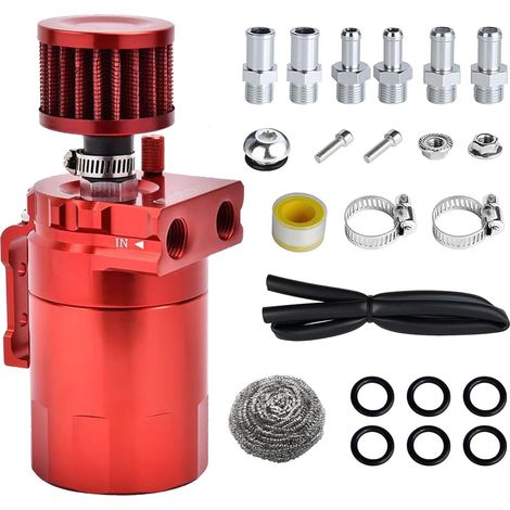 Ölrückgewinnungsbehälter für Kraftfahrzeuge, 300 ml, Aluminium, universeller Luftfilterabscheider, mit Luftfilter, Schlauch und weiterem Zubehör (rot)