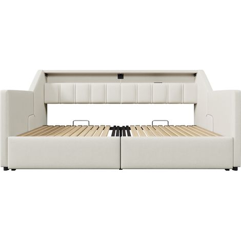 Cama nido 90 x 200 cm beige de lino y MDF con USB Type-C LED y 2 cajones (1/5)