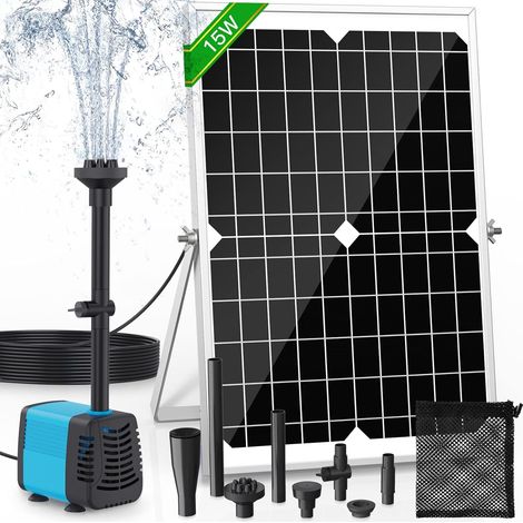 Pompe solaire pour étang et fontaine 15 W, débit 720 L/h, câble extensible de 5 m, 4 modèles de pulvérisation et sac de filtration – Idéale pour les étangs et installations d’eau (1/5)