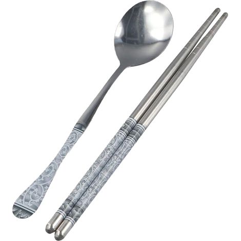 Ensemble de vaisselle de voyage en porcelaine Qing Hua, deux pièces, fourchette, cuillère, baguettes, en acier inoxydable