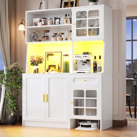 Mobile cucina 130 x 45 x 180 cm con ante in vetro e LED, bianco DESVIAE (1/5)