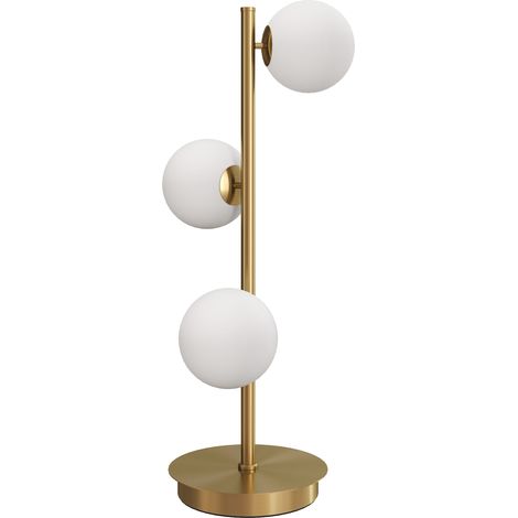 Lampe de table moderne 3 abat-jours globe, base acier ton laiton, douilles G9, hauteur 53 cm. (1/5)