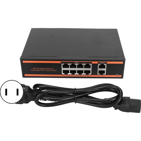 Commutateur PoE 10 ports, 8 ports PoE Gigabit 1000M, 2 ports uplink 1000M, 150W, sans ventilateur, non géré, prise US 100-240V (1/5)