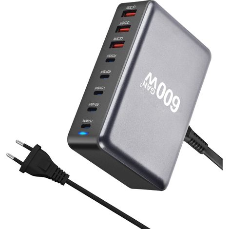 Chargeur de bureau 600 W — GaN PD 3.1 — Chargeur multifonction — 3x USB / 5x Type-C — Noir (1/3)