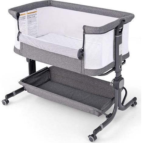 COSTWAY Culla da Affiancare per Neonati, Culla per Bambini con Altezza Regolabile a 6 Livelli, con Mensola Portaoggetti, Materasso e Borsa da Trasporto, per Bambini 0-6 Mesi (Grigio Scuro) (1/5)