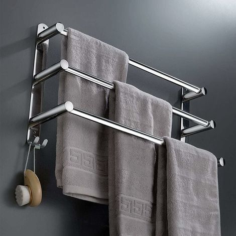 Toallero retráctil de acero inoxidable para montaje en pared con 3 barras, instalación sin taladro, color plata, para baño y cocina. (1/5)