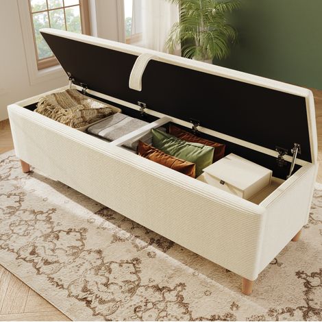 Banco arcón 165x38 cm beige con almacenaje hidráulico, tela acanalada y madera, MEUBLIV (1/5)