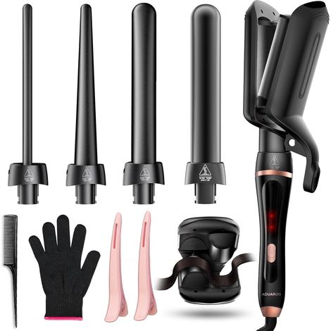 Ensemble de fers à vagues 5 en 1 - Comprend Crimper Waver Fer à Boucler à Chauffage Instantané avec Barils Céramiques Interchangeables (0,35"-1,25"), Double Tension, Cadeaux d'Anniversaire pour Femmes (1/5)