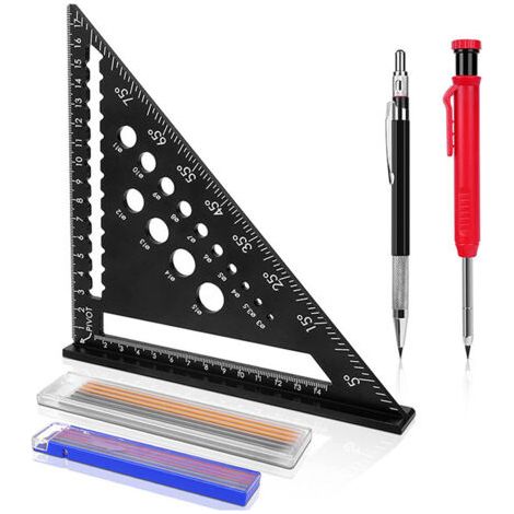 Carpenter's square, multifunctional carpenter's square 180 mm [construction pencil + 18 leads] metal, carpenter's scale, protractor, ruler from 45 to 90 degrees, carpenter's tools (1/5)