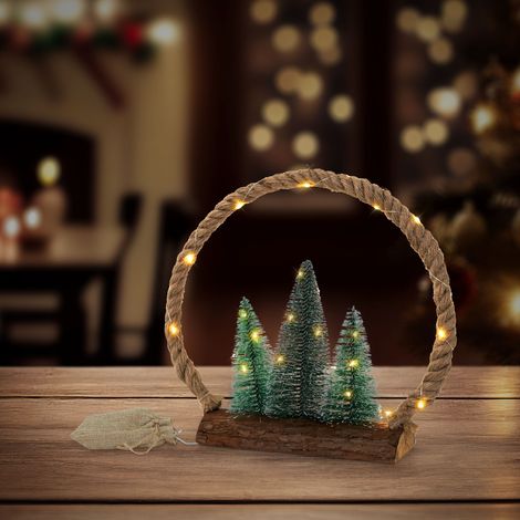 ECD Germany LED Jute Kreis mit LED-Beleuchtung 34x30x7,5 cm, Deko Weihnachtskreis aus Seil mit 30 warmweißen LEDs, 3 Tannen, Jutesäckchen, Batterien, Timer, Weihnachtsbeleuchtung Weihnachtsdeko Innen (1/5)