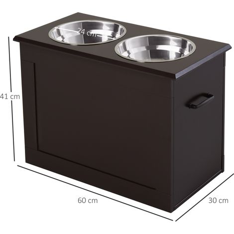 Station nourriture chien 60x30x41cm MDF acier,2 gamelles inox,espace rangement intégrés pour chats et chiens