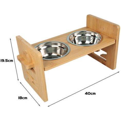 Gamelle surélevée pour chien et chat avec support en bambou réglable et 2 gamelles en acier inoxydable, 40 × 18 × 19,5 cm – couleur bois naturel (1/3)
