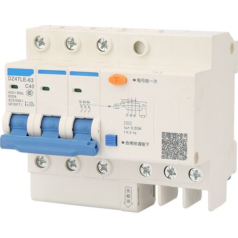 Disjoncteur différentiel 3P 40A 400V DZ47LE-63 C40, protection de fuite à courant résiduel, interrupteur automatique modulaire, disjoncteur de branchement, 3 pôles, 40 ampères, 230V/400V, pour tableau (1/5)