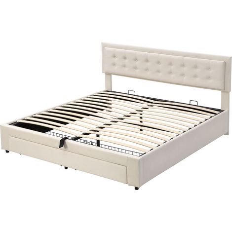 Cama con almacenaje de terciopelo beige 160 x 200 cm con somier elevable y cabecero regulable (1/5)
