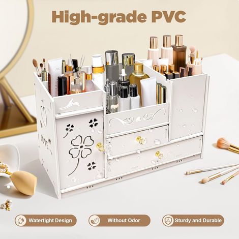 Boîte de maquillage worry Grass avec porte, boîte de rangement de bureau polyvalente avec 2 tiroirs, 45 19 27 cm