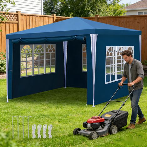 Wolketon Bleu 3x3m Tonnelle de réception, tente imperméable en PE avec fenêtres pour terrasse, jardin et fête familiale (1/4)