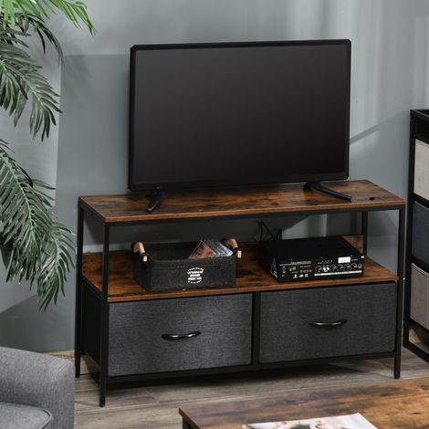 Mobile porta TV HOMCOM, tavolino con ripiano e 2 cassetti pieghevoli in tessuto, per TV fino a 47 pollici, lunghezza 98 cm, per soggiorno, camera da letto, marrone rustico e nero