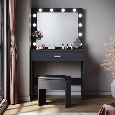 ELEGANT Dressing Table with LED Lights, Vanity Table 3 Color Moder Makeup Mirror with Sliding Drawer, Black Set Cushioned Stool included (1/5)