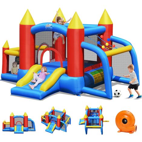 Costway – Château gonflable pour enfants 350 x 275 x 196 cm – Souffleur 450W – 4 enfants max – 60 balles – Toboggan et jeux inclus