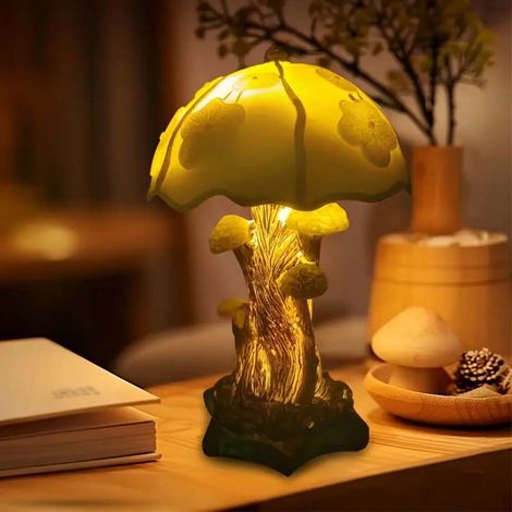 Lampe déco chambre cadeau parfait résine florale USB, interrupteur à bouton, d’ambiance, salon, dortoir, jaune, féerique, champignon (1/5)