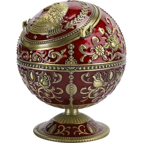 Cendrier innovant en métal rouge vin avec globe et couvercle, motif aigle, objet décoratif et cadeau artisanal (1/5)
