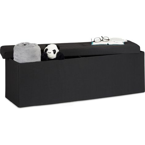 Relaxdays Folding Storage Bench XL, 38 x 114 x 38 cm, Foldable Ottoman Footstool, with Lid, Fabric, Black