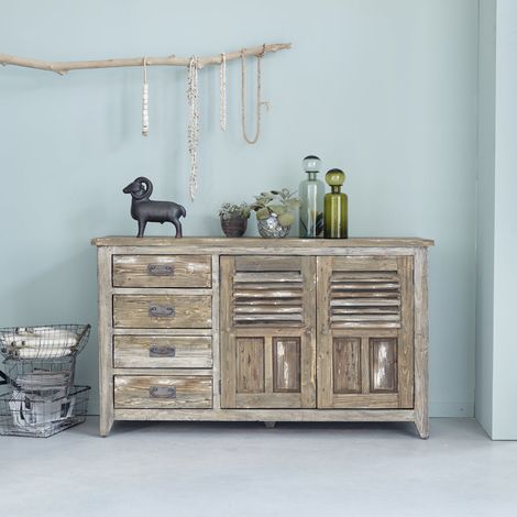Berah Getah – Buffet en pin recyclé massif 140 cm – 4 tiroirs et 2 placards – Finition patine vieillie – Pour salle à manger ou cuisine (1/4)